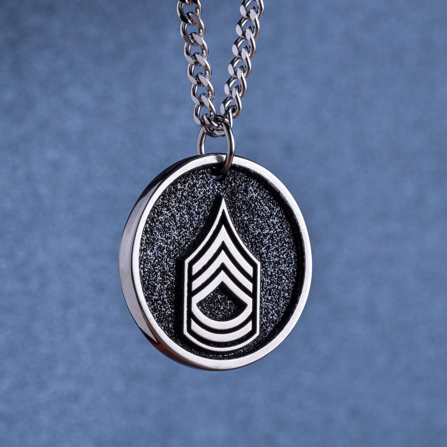 US Military Rank Insignia Necklace. Custom made pendant with U.S. Army Sergeant First Class (SFC) sleeve insignia. Veterans Day Gift