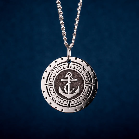 Anchor Pendant with Compass Custom Nautical Anchor Necklace Men's Necklace