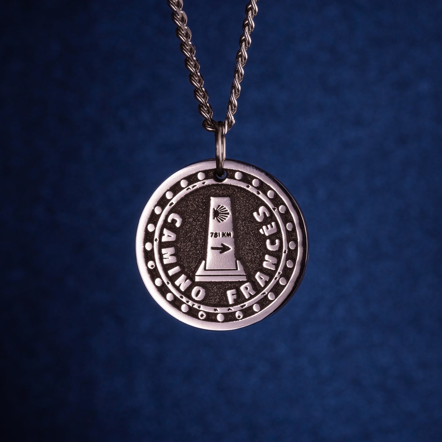 Camino Frances Necklace Camino stamp with the signpost of the direction of travel and the number of kilometers