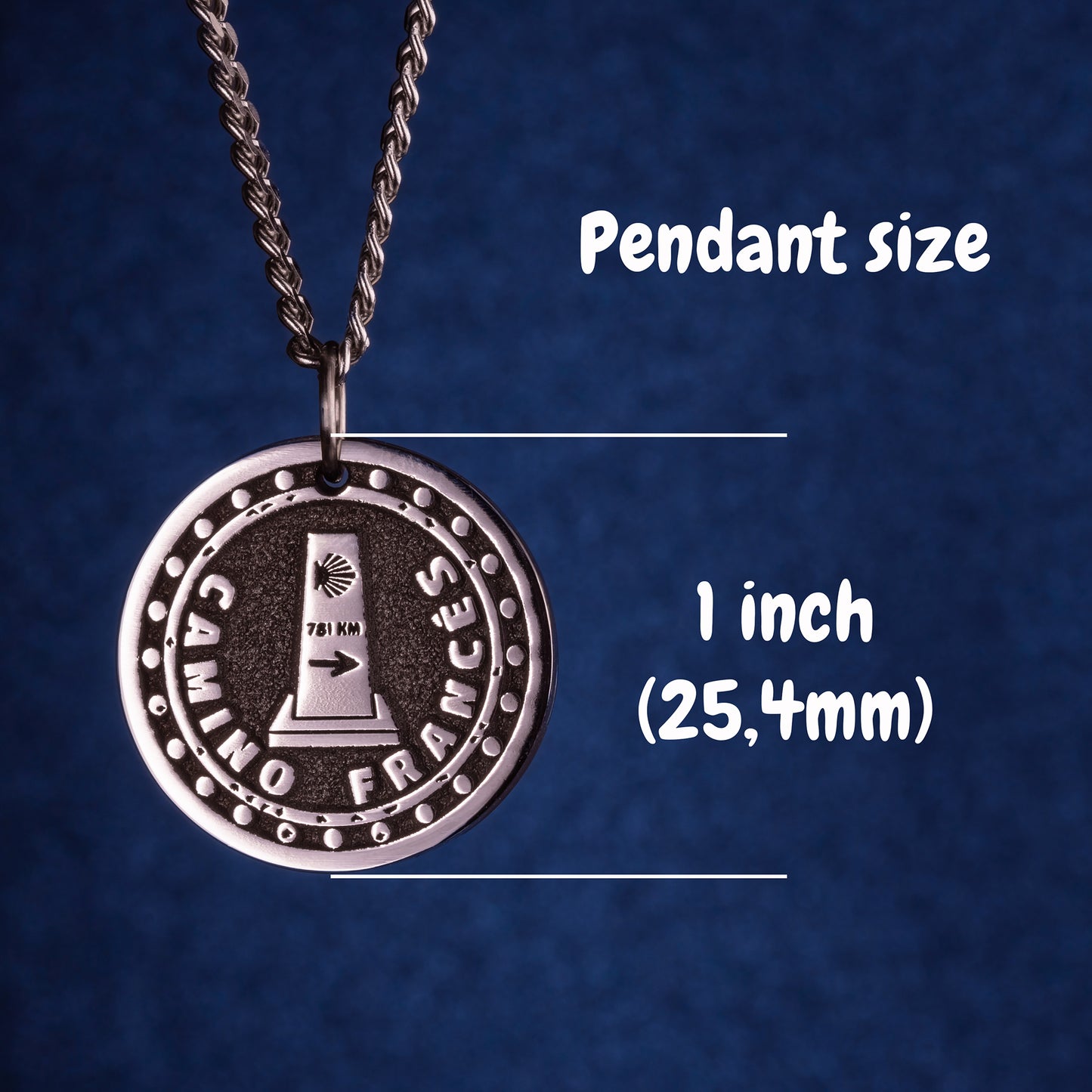 Camino Frances Necklace Camino stamp with the signpost of the direction of travel and the number of kilometers