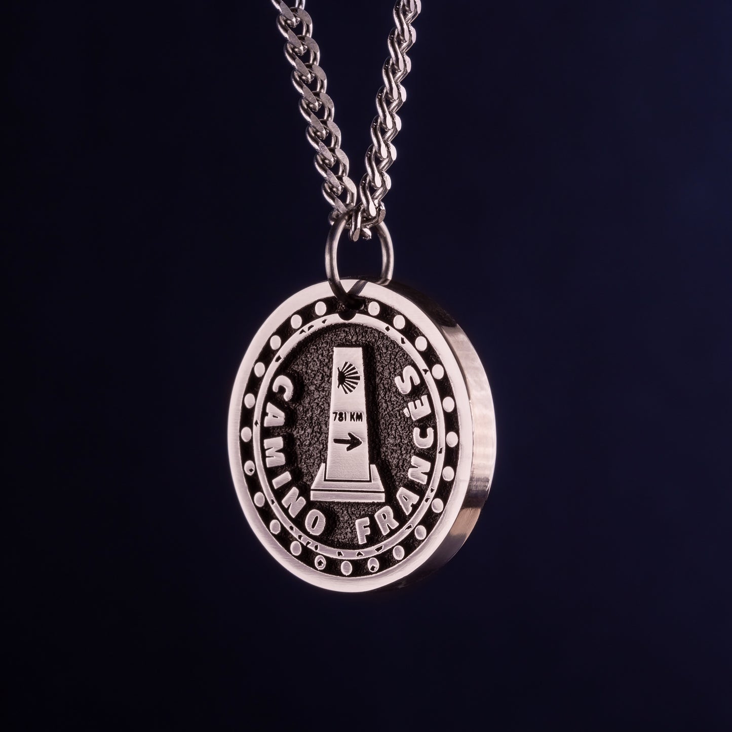 Camino Frances Necklace Camino stamp with the signpost of the direction of travel and the number of kilometers