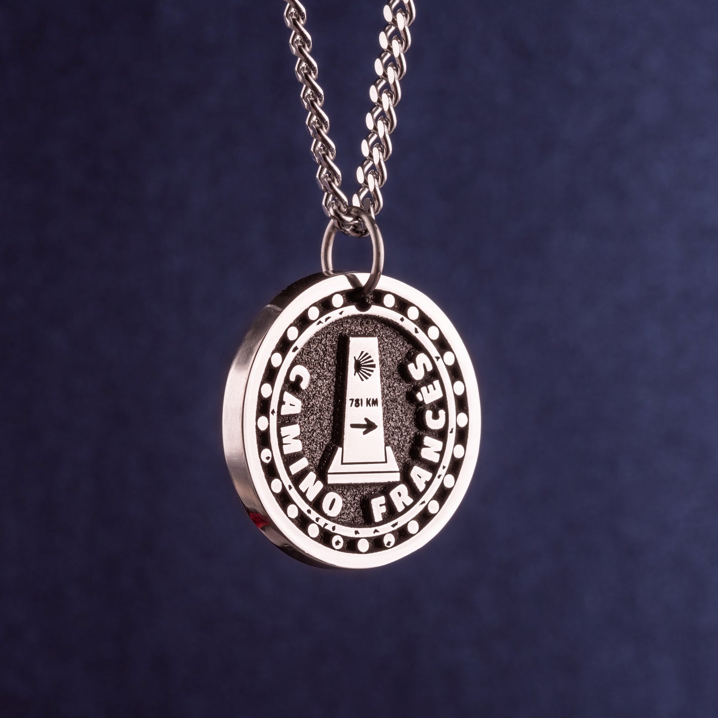 Camino Frances Necklace Camino stamp with the signpost of the direction of travel and the number of kilometers