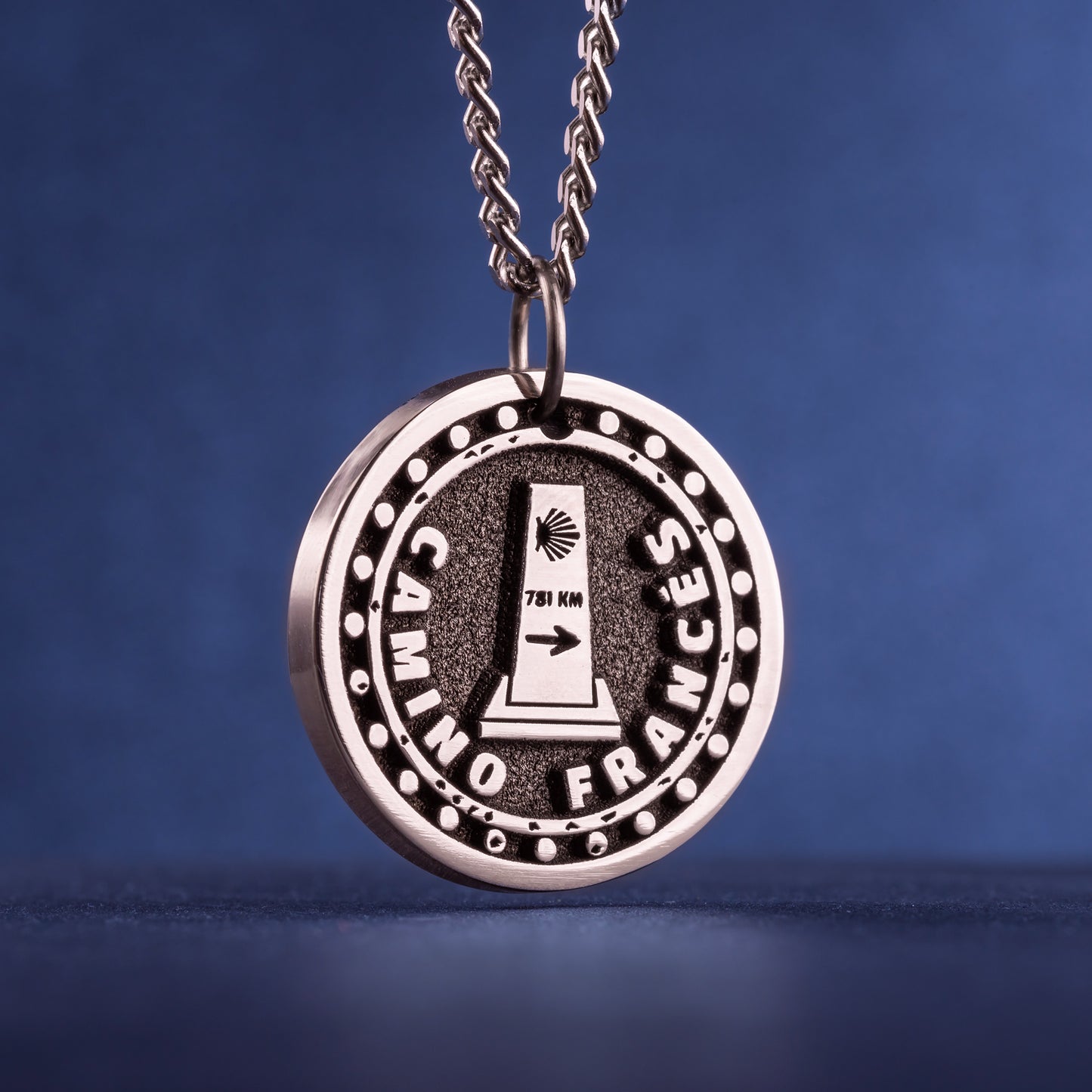 Camino Frances Necklace Camino stamp with the signpost of the direction of travel and the number of kilometers