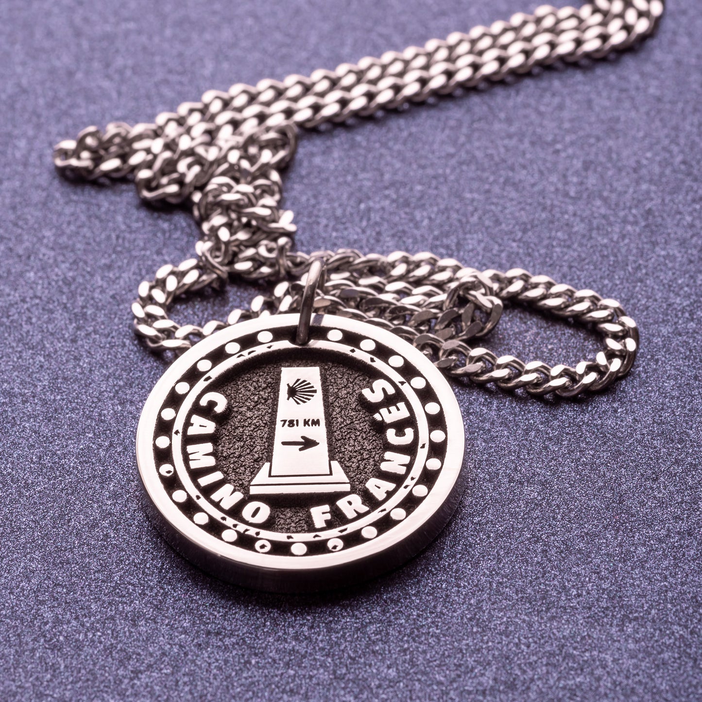 Camino Frances Necklace Camino stamp with the signpost of the direction of travel and the number of kilometers