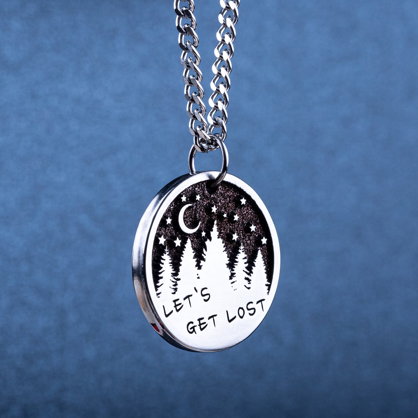 Necklace for Travelers and Nature Lovers. "Let's Get Lost" Pendant - Starry Sky and Pine Trees Design | Unique Gift Idea