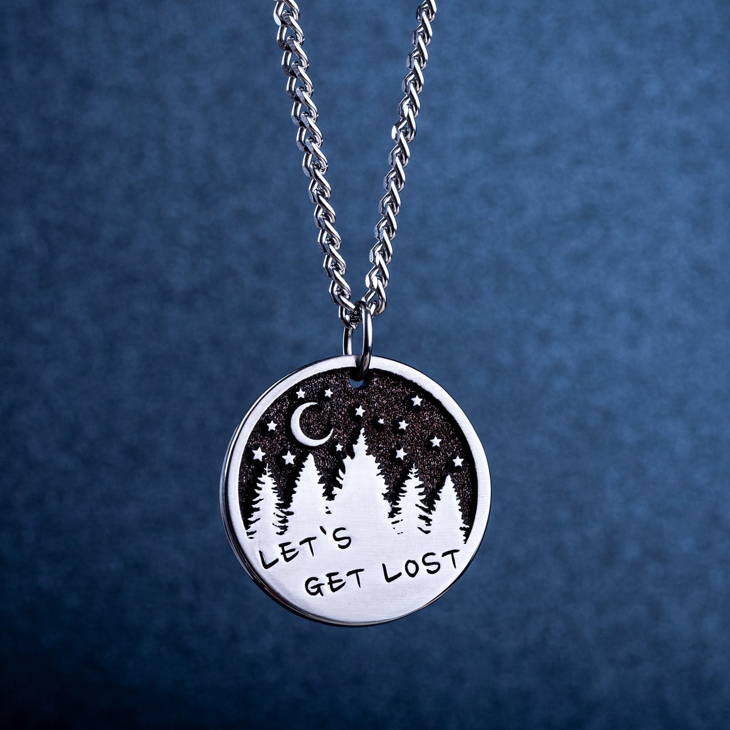 Necklace for Travelers and Nature Lovers. "Let's Get Lost" Pendant - Starry Sky and Pine Trees Design | Unique Gift Idea