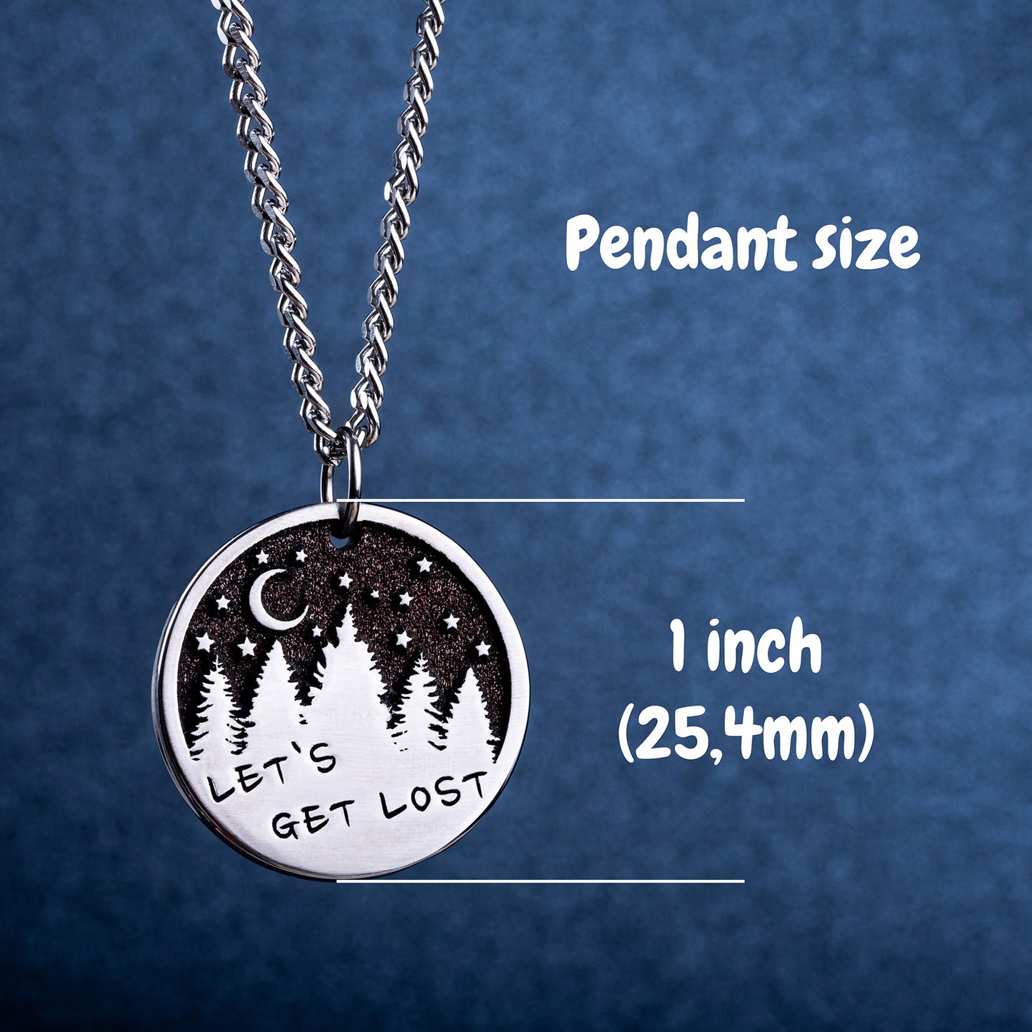 Necklace for Travelers and Nature Lovers. "Let's Get Lost" Pendant - Starry Sky and Pine Trees Design | Unique Gift Idea