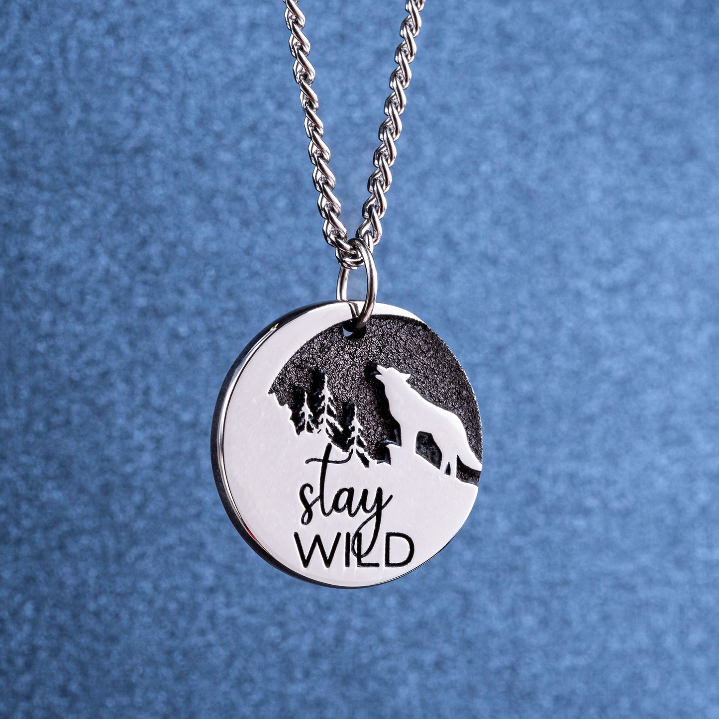 Stay Wild Wolf and Moon Necklace - Pendant with Personalised Engraving Option. Gift for Adventure Lovers, Travelers!