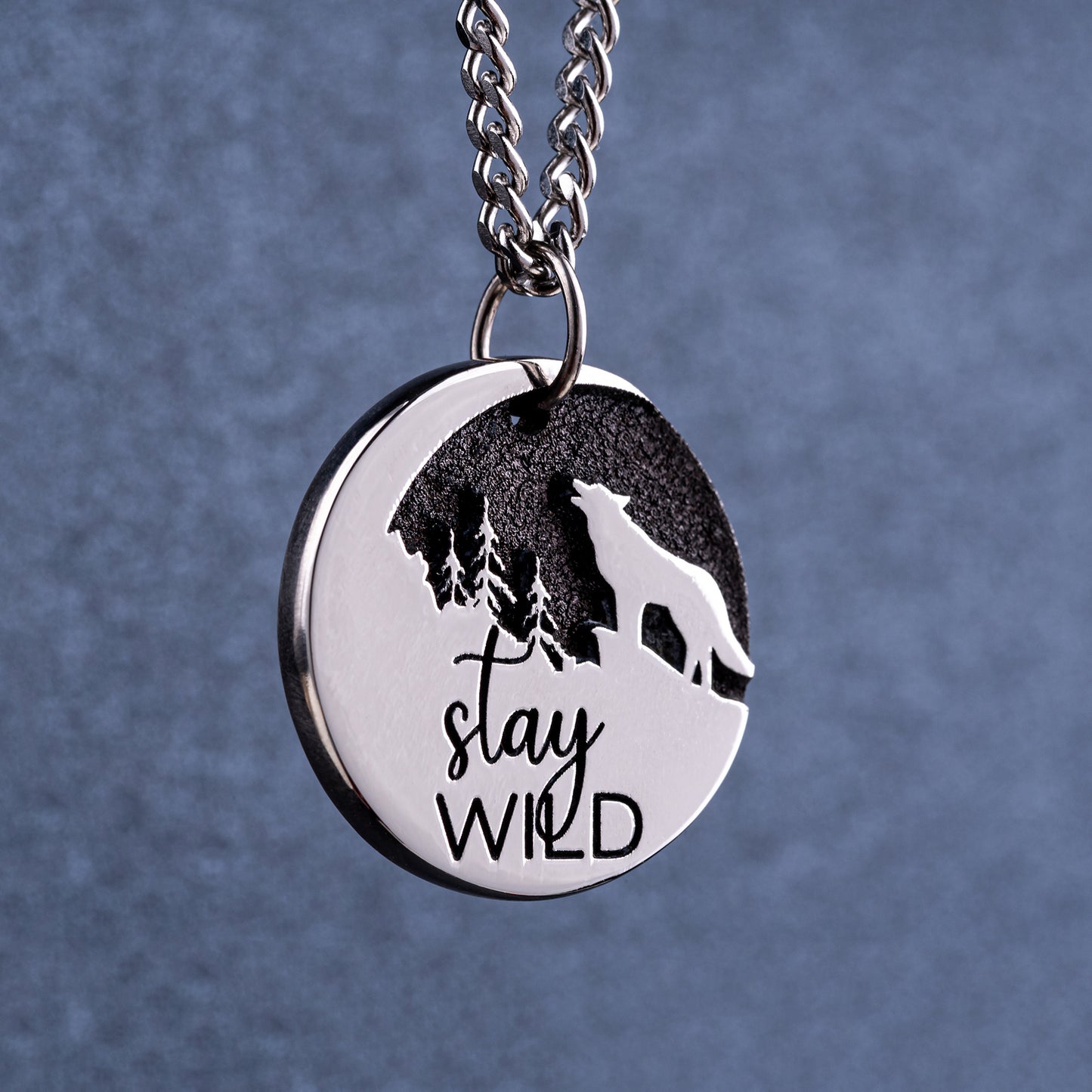 Stay Wild Wolf and Moon Necklace - Pendant with Personalised Engraving Option. Gift for Adventure Lovers, Travelers!