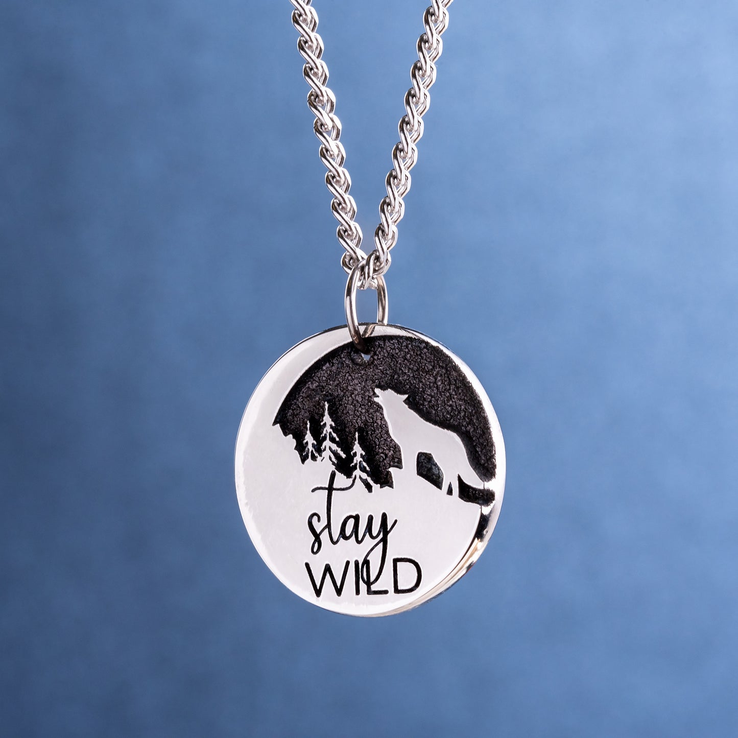 Stay Wild Wolf and Moon Necklace - Pendant with Personalised Engraving Option. Gift for Adventure Lovers, Travelers!