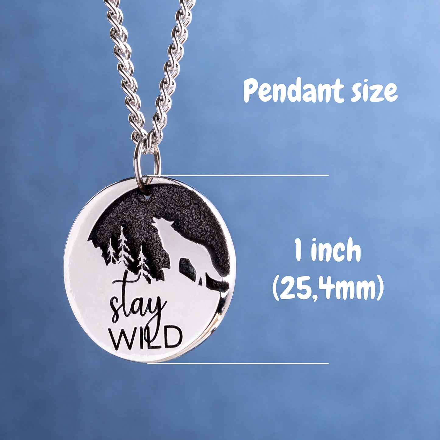 Stay Wild Wolf and Moon Necklace - Pendant with Personalised Engraving Option. Gift for Adventure Lovers, Travelers!