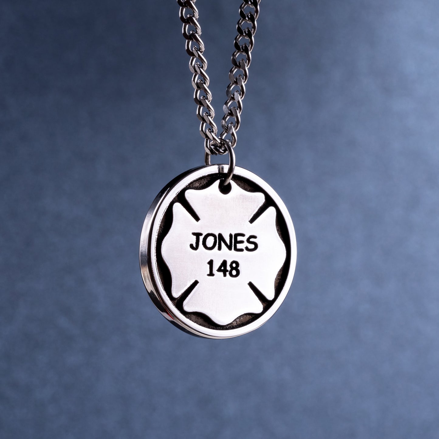 Firefighter's Personal Number and Name Necklace. Maltese Fire Department Cross