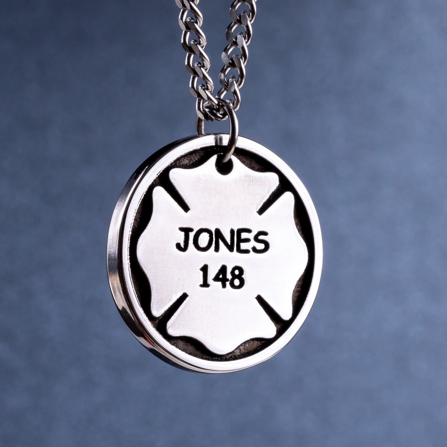 Firefighter's Personal Number and Name Necklace. Maltese Fire Department Cross