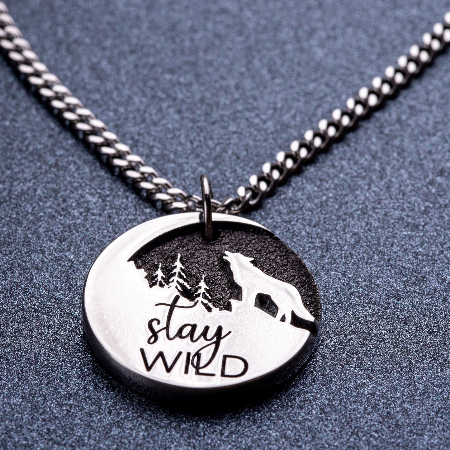 Stay Wild Wolf and Moon Necklace - Pendant with Personalised Engraving Option. Gift for Adventure Lovers, Travelers!