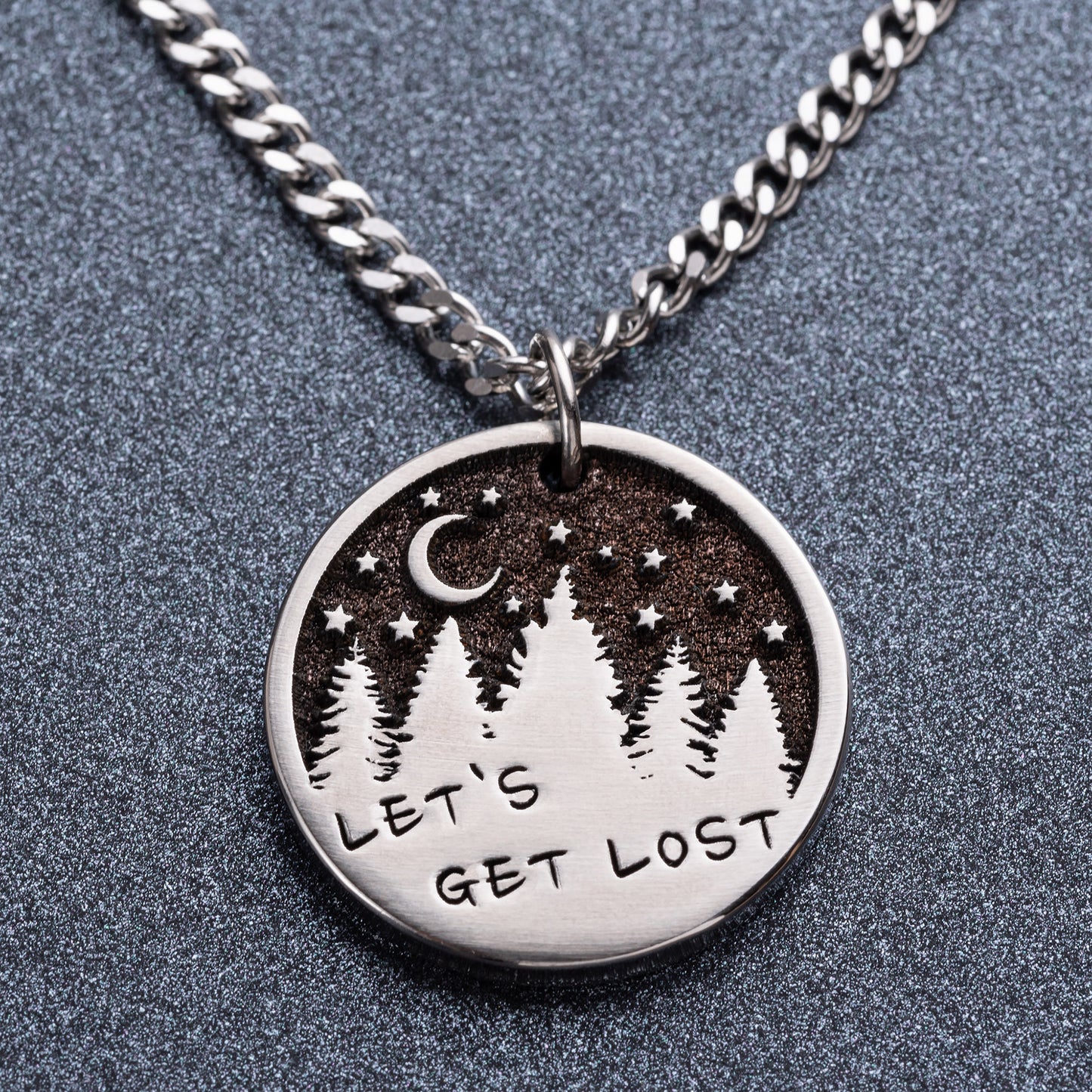 Necklace for Travelers and Nature Lovers. "Let's Get Lost" Pendant - Starry Sky and Pine Trees Design | Unique Gift Idea