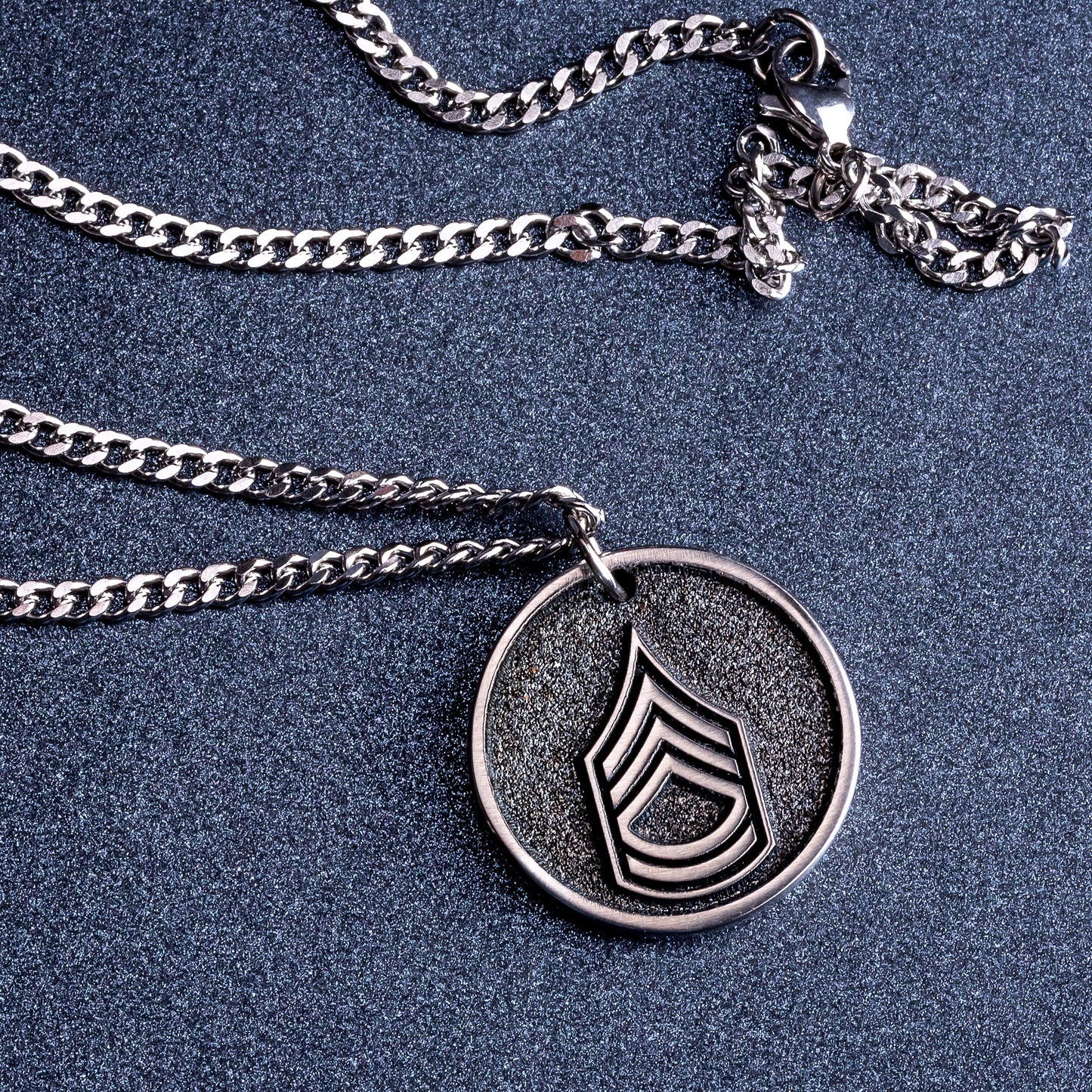 US Military Rank Insignia Necklace. Custom made pendant with U.S. Army Sergeant First Class (SFC) sleeve insignia. Veterans Day Gift