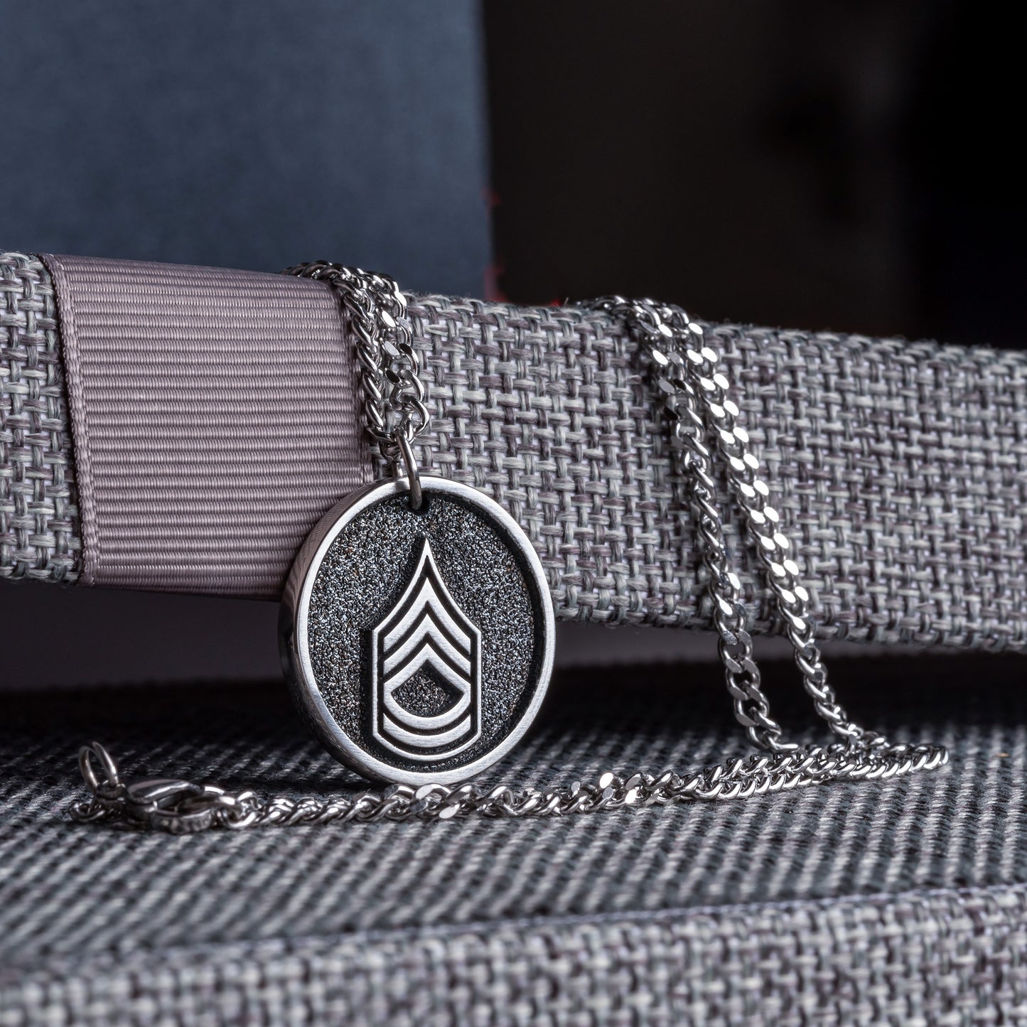 US Military Rank Insignia Necklace. Custom made pendant with U.S. Army Sergeant First Class (SFC) sleeve insignia. Veterans Day Gift